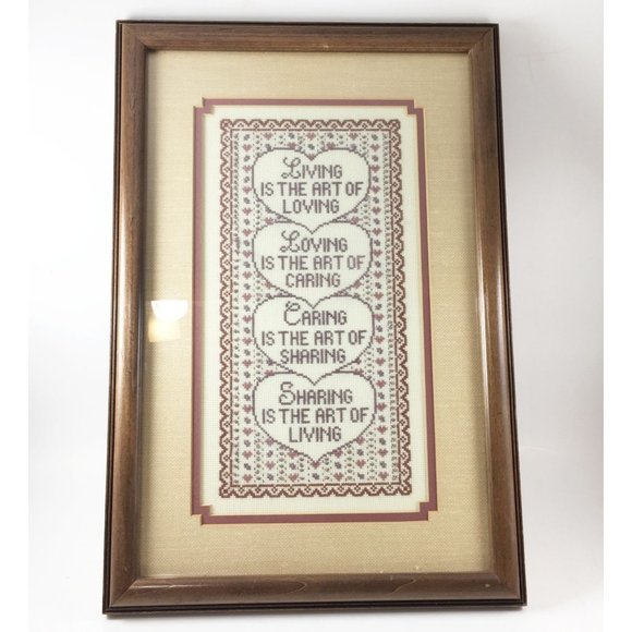 Completed Cross Stitch Living Loving Caring Sharing Brown Tan Framed - Picture 2 of 10